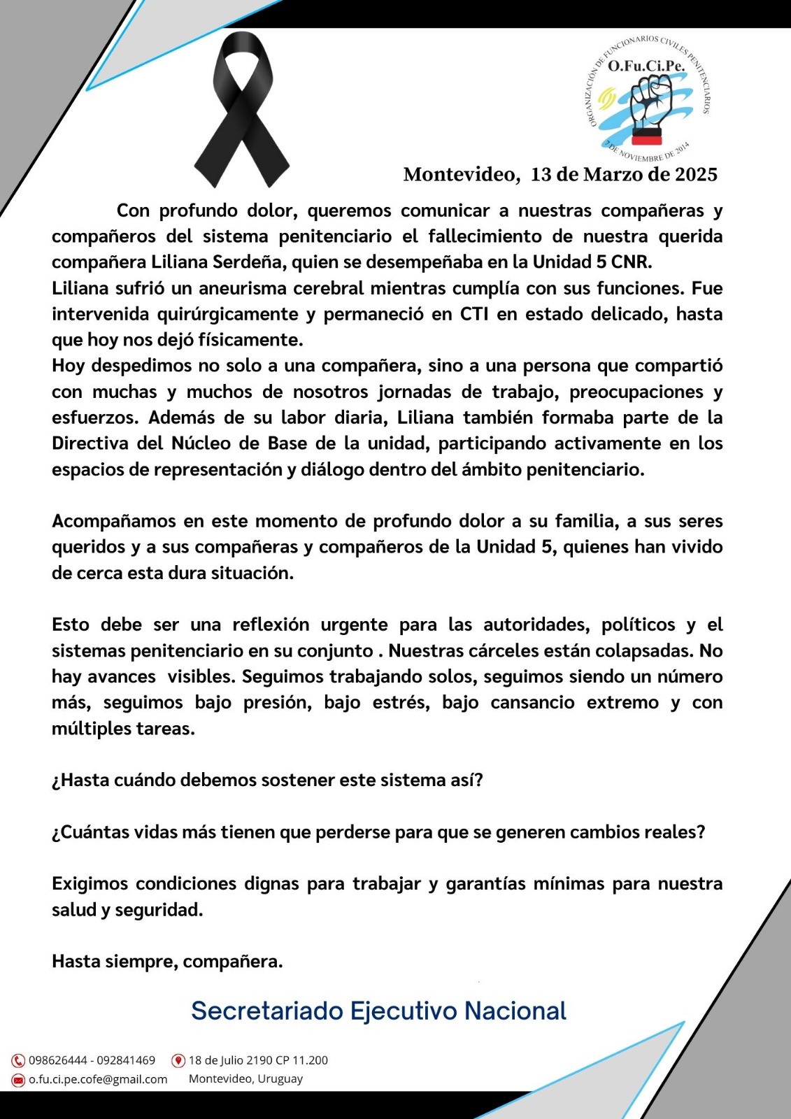 Comunicado fallecimiento OPG1 Liliana Serdena 2025 03 13 